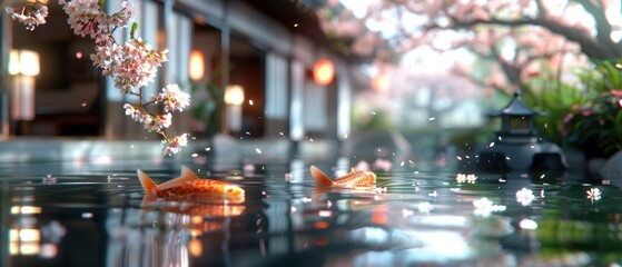 Serene Japanese Garden with Cherry Blossoms and Koi Pond - in Quality