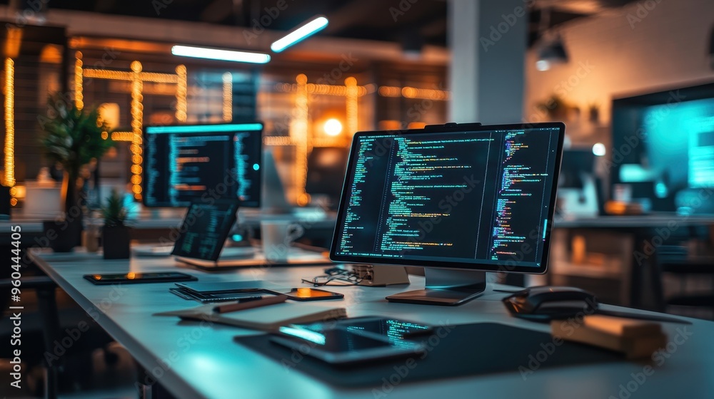 Poster coding workstation in a dimly lit office