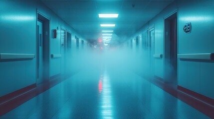Fototapeta premium Modern Hospital Corridor with Blurred Directional Signs and Emergency Exits for Navigation and Safety