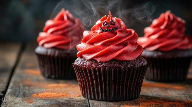spooky halloween cupcakes on a vintage table, great for a creepy food concept banner