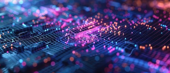 Futuristic Neon Grid - Abstract Digital Art with Geometric Shapes, High Background in