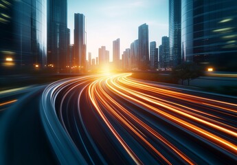 Obraz premium Dynamic cityscape with light trails of fast-moving traffic, modern skyscrapers in background, symbolizing urban growth and technological progress.