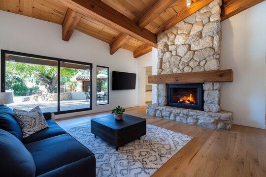 House, cozy cottage, rustic charm invites warmth and comfort with exposed beams and a stone fireplace