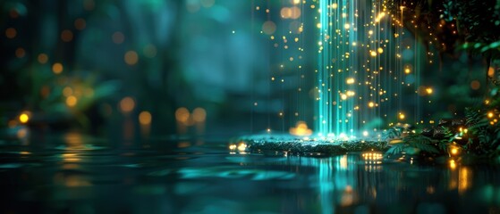 Obraz premium Mystical Waterfall Paradise â€“ Enchanting Digital Art Background with Glowing Water and Magical Creatures in