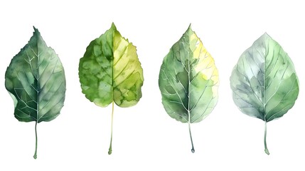Watercolor Poplar Leaves in Shades of Green Against White Backdrop