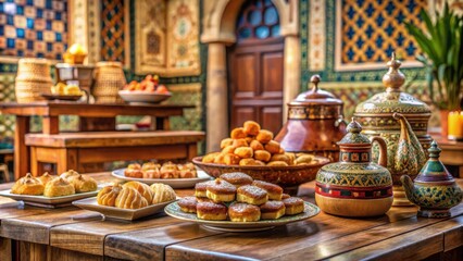 Traditional Moroccan pastries displayed on a wooden table in a cozy Moroccan cafe