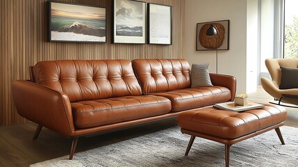 A living room with a brown leather sofa and ottoman blends comfort with modern style.
