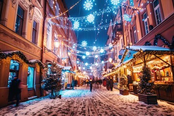 Fototapeta premium A street is lit up with Christmas lights and decorations, generative ai image