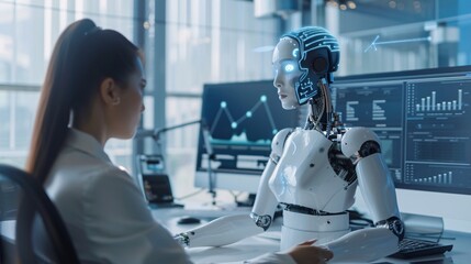 Woman Working with a Robot in a Modern Office