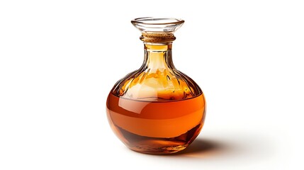 A glass decanter with a cork stopper, filled with rich amber liquid, exudes elegance.