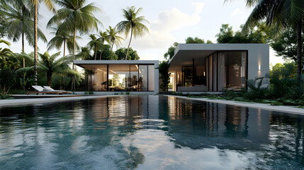 Fototapeta premium A luxurious modern villa surrounded by tropical greenery, with palm trees swaying in the background. The villa's sleek architecture features large windows, and the focus is on a spacious pool with