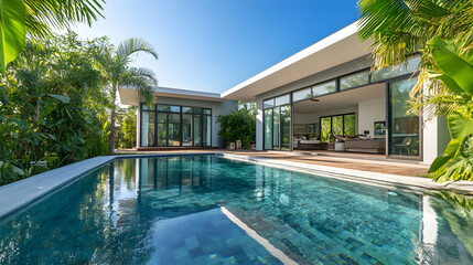 Fototapeta premium A sleek and stylish villa with floor-to-ceiling glass windows, located in a tropical setting. The blue pool water sparkles in the sunlight, reflecting the clear blue sky, while tropical plants frame