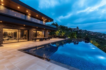 Fototapeta premium House, mansion in the hills, luxurious living features expansive rooms, high-end finishes, and breathtaking views