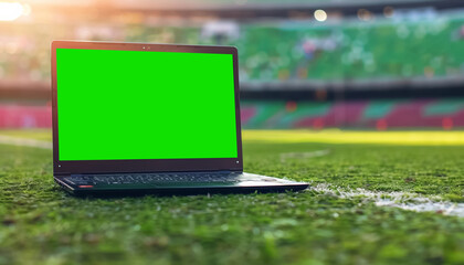 portable laptop with chroma key green screen mockup on green grass of stadium, betting and bookmakers online background, streaming and broadcasting of sport events