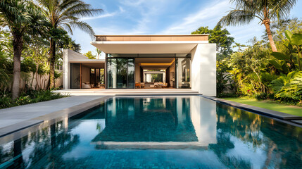 Fototapeta premium A modern villa with clean architectural lines in a tropical setting. The pool in front of the villa is filled with transparent blue water, with reflections of the villa and surrounding palm trees