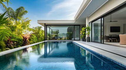 A modern villa with a spacious patio area overlooking a pristine pool with blue transparent water. The villa is surrounded by tropical plants, with a clear sky reflecting in the calm water, creating