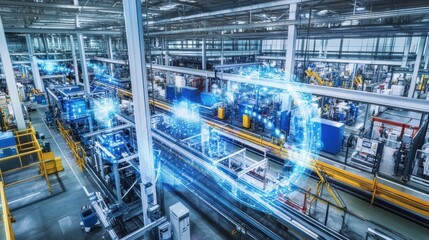 Fototapeta premium Cutting-Edge Automated Manufacturing Facility with Advanced Robotics and Industrial Equipment