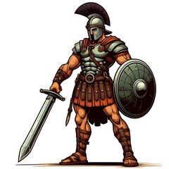 Fototapeta premium Cartoon Spartan Warrior Clipart - Cute Gladiator Character with Sword and Shield