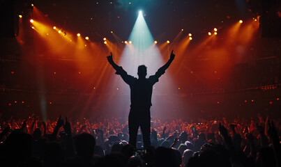 silhouette of black african american hip hop artist or rapper on illuminated scene with crowd of people, musical festival event with famous celebrity