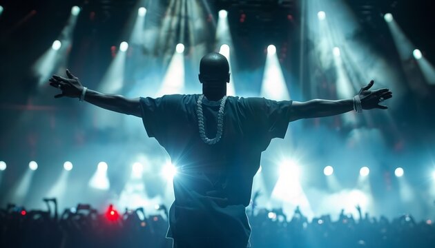 silhouette of black african american hip hop artist or rapper on illuminated scene with crowd of people, musical festival event with famous celebrity