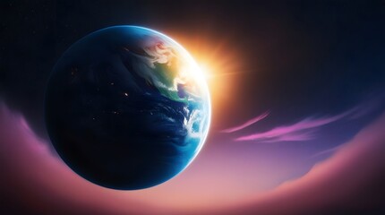 Sunrise over the Earth in outer space background