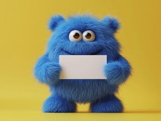 Fototapeta premium Hyber realistic photo of 3d render, blue hairy cartoon character, funny furry toy holds white card mockup isolated on yellow background. , copy space for text,