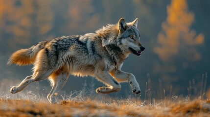Obraz premium A Wolf Running Through Autumnal Foliage