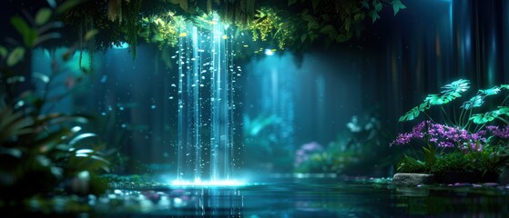 Mystical Glowing Waterfall - Digital Art Background in , Enchanting Ethereal Atmosphere