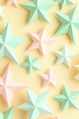 Colorful paper stars in mint and pink against a soft yellow background, perfect for festive decorations and creative designs.
