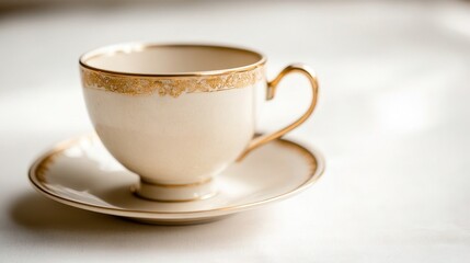 Fototapeta premium Vintage Porcelain Teacup Sitting on Saucer with Floral Design - Medium Shot, White Background