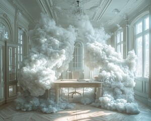 Heavenly Workspace - A surreal home office with a cloud-like desk, creating a soft and ethereal ambiance.