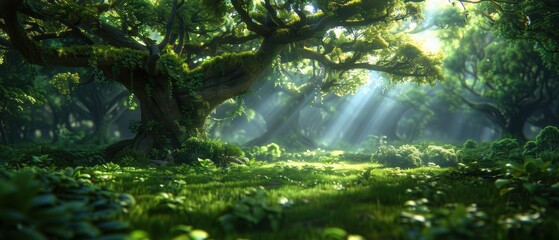 Enchanted Forest with Ancient Trees and Ethereal Light - Digital Art Background in