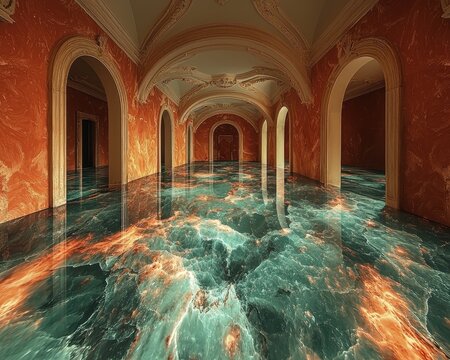 Parallel Realities: Hallway with Mirrored Floor Showing Alternate Universe Below