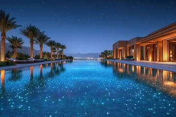 luxurious desert oasis hotel blending modern architecture with traditional middle eastern elements shimmering pool reflects starry night sky
