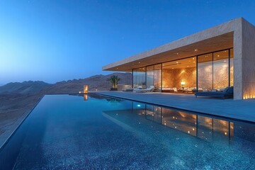 luxurious desert oasis hotel blending modern architecture with traditional middle eastern elements shimmering pool reflects starry night sky