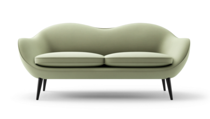 Modern two-seater sofa with curved design, light green upholstery, plush rounded cushions, and black wooden legs, isolated PNG on transparent background, perfect for contemporary interiors.






