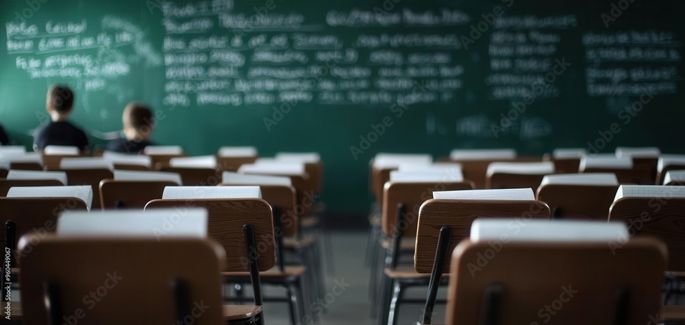 Poster a classroom scene with empty desks and a chalkboard, evoking an atmosphere of learning and education