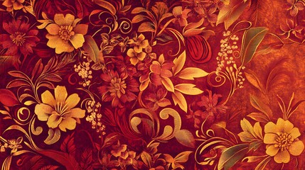 Intricate Songket pattern of cascading floral vines with gold and deep red hues, creative, High quality, sharp images,graphic,illustration