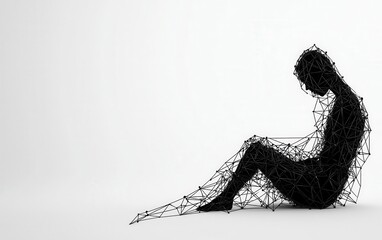 Fototapeta premium A conceptual representation of a figure composed of interconnected lines, symbolizing emotions and inner struggles.