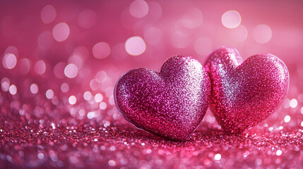 Fototapeta premium Two sparkling glitter hearts against blurred pink background , Close up of pink glitter hearts on sparkling background , Two Hearts On Shiny Background 
