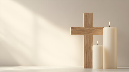 una cruz de madera con dos cirios encendidos al lado con espacio para copiar capilla y religion catolica y cristiana fondo elegante y sofisticado decorativo 