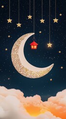 Naklejka premium Enchanting scene of a moon adorned with patterns, a hanging red house, and stars against a deep blue sky with fluffy clouds.