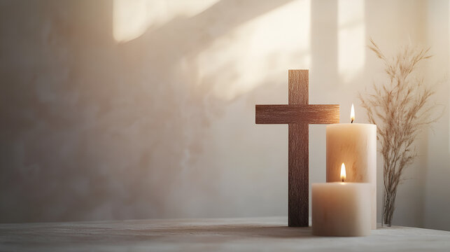 un fondo elegante de una mesa y un pared lisa con decoracion de una cruz de madera y dos cirios o velas encendidos y plantas para decorar fondo religioso esperanza y fe en una capilla