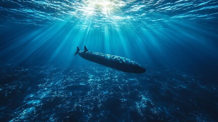 Fototapeta premium A submarine dives underwater, exploring beneath sunbeams filtering through the sea.