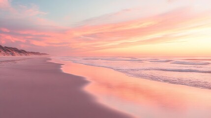 A tranquil beach at sunrise, with the sky painted in shades of pink and orange.