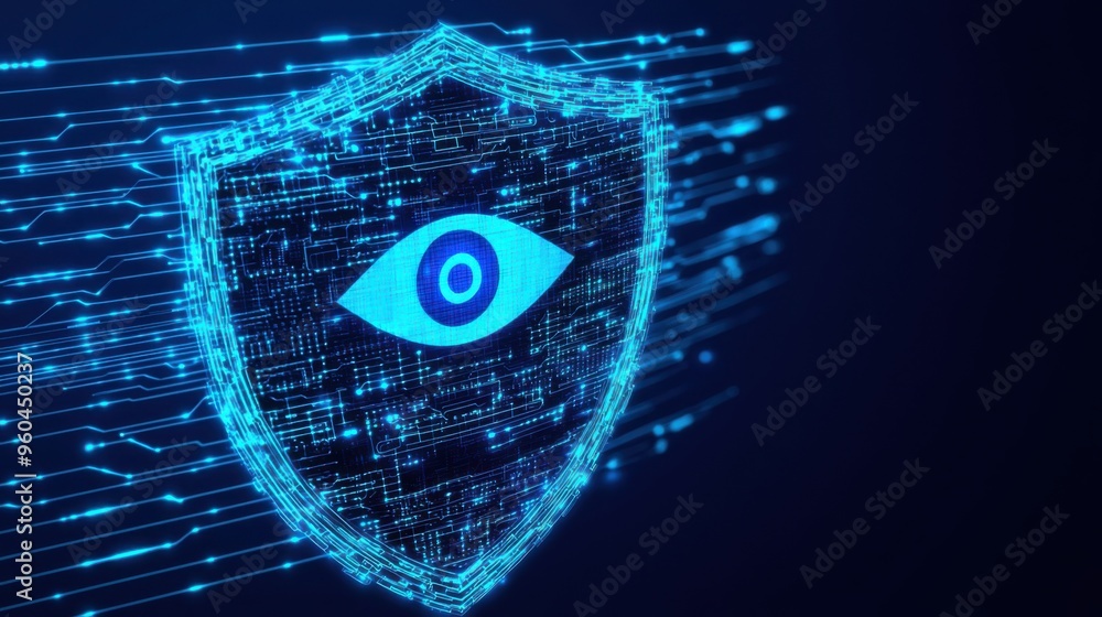 Poster futuristic digital shield with an eye, symbolizing cybersecurity and data protection in a technology