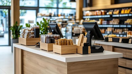 Checkout counter in a modern store, with neatly displayed products, reflecting a premium and efficient retail atmosphere