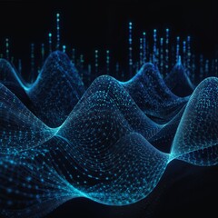 Abstract blue glowing energy waves from dotted line particles with blur effect on dark background. Futuristic modern backdrop design for business, presentation, ads, banner, website, landing page, wal