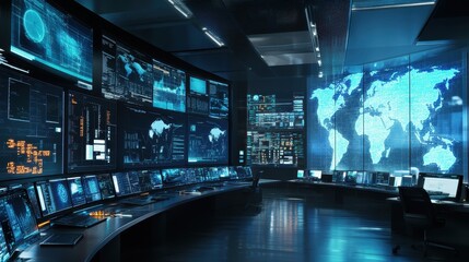 Futuristic High-Tech Control Room with Advanced Technological Displays