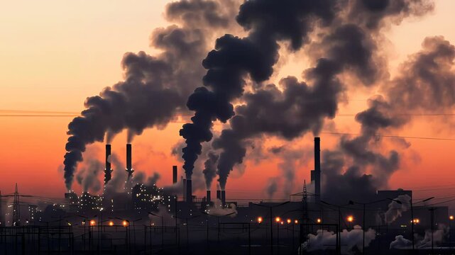 Smoke billows from industrial chimneys at sunset, depicting pollution, environmental issues, and climate change.